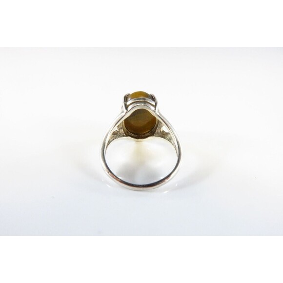 Sterling Tigers Eye Solitaire Ring Oval Cabochon Prong Set Sz 5 1/2 - Picture 6 of 7